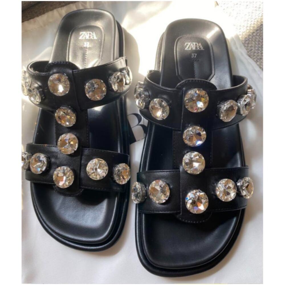 ZARA Black Crystal Embellished Flat Sandals NWT Double Strap Gem Slides Size 7.5 - Picture 10 of 16